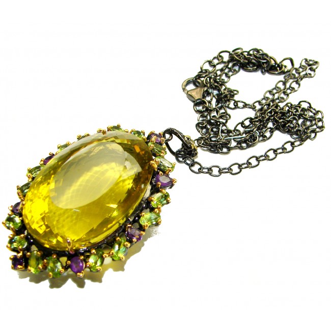 Outstanding 66.8 carat Lemon Quartz black rhodium over .925 Sterling Silver handcrafted Statement necklace