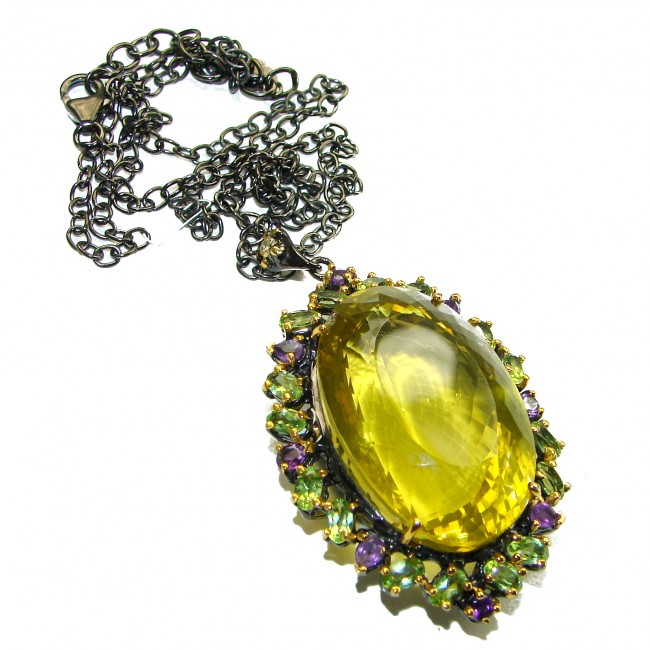 Outstanding 66.8 carat Lemon Quartz black rhodium over .925 Sterling Silver handcrafted Statement necklace