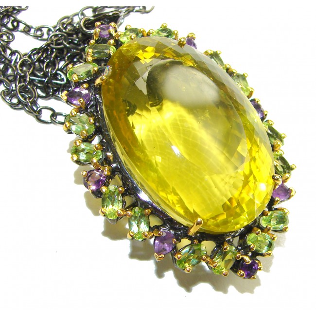 Outstanding 66.8 carat Lemon Quartz black rhodium over .925 Sterling Silver handcrafted Statement necklace