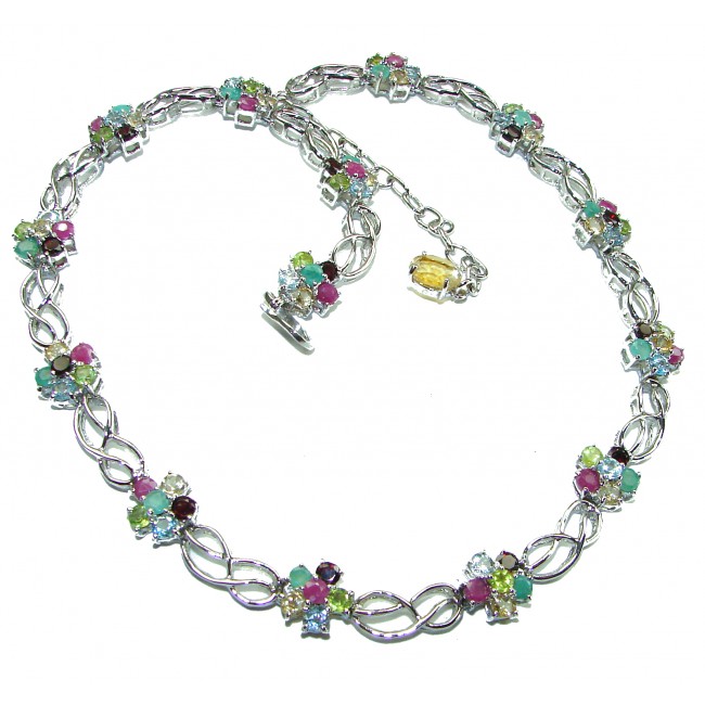 Luxurious Floral design Authentic Ruby Emerald .925 Sterling Silver handcrafted Statement necklace