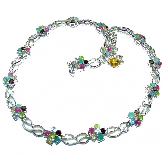 Luxurious Floral design Authentic Ruby Emerald .925 Sterling Silver handcrafted Statement necklace