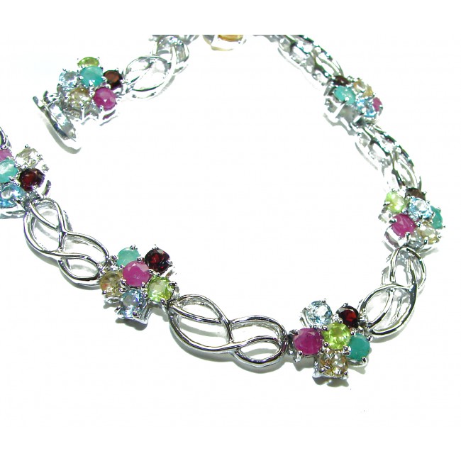 Luxurious Floral design Authentic Ruby Emerald .925 Sterling Silver handcrafted Statement necklace