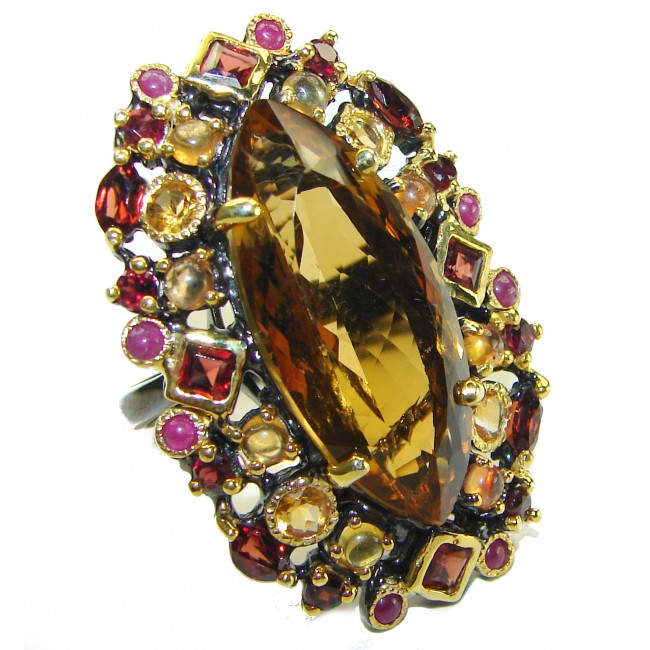 Giovanna 28.5 carat Champagne Smoky Topaz 14K Gold Black rhodium over .925 Sterling Silver handmade Oversized Ring size 8