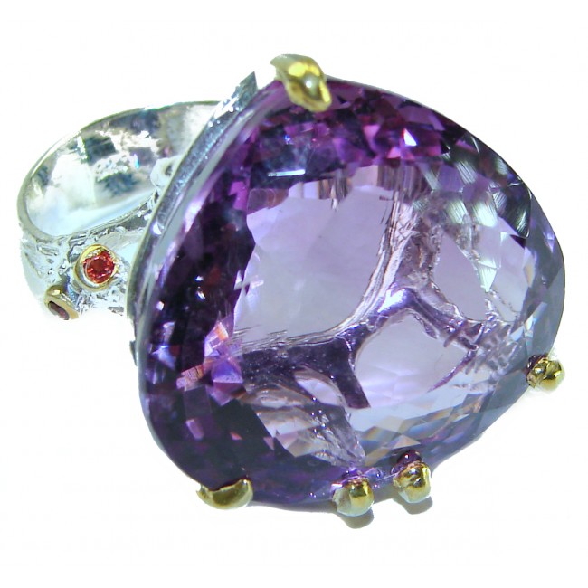 Dramatic design trillion cut 35.8 carat Amethyst 2 tones .925 Sterling Silver Handcrafted Ring size 8