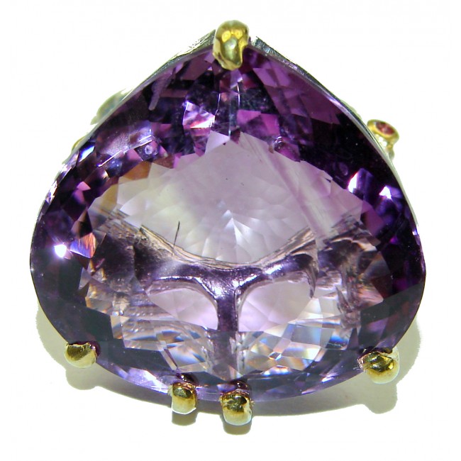 Dramatic design trillion cut 35.8 carat Amethyst 2 tones .925 Sterling Silver Handcrafted Ring size 8