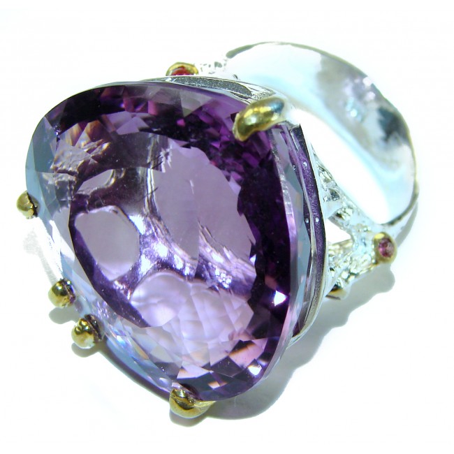 Dramatic design trillion cut 35.8 carat Amethyst 2 tones .925 Sterling Silver Handcrafted Ring size 8