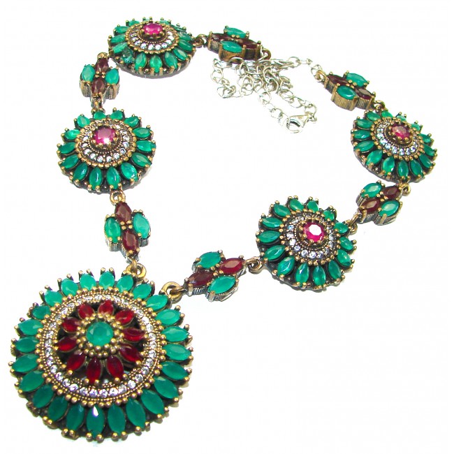 Victorian Style Ruby Emerald .925 Sterling Silver handcrafted HUGE Necklace