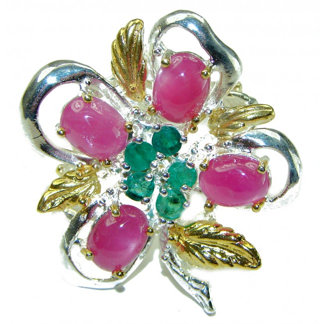 Precious Genuine Ruby Emerald 2 tones .925 Sterling Silver handmade ring size 8 1/4