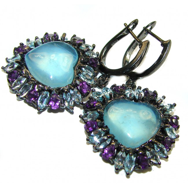 A Heritage in Bloom Aquamarine black rhodium over .925 Sterling Silver handmade Large Statement Earrings