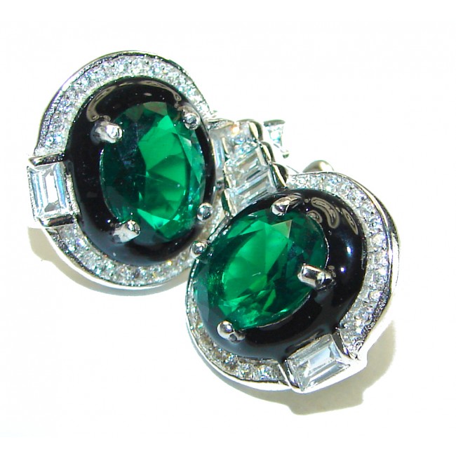 Art Deco 8.5 carat Emerald black enamel .925 Sterling Silver handcrafted earrings