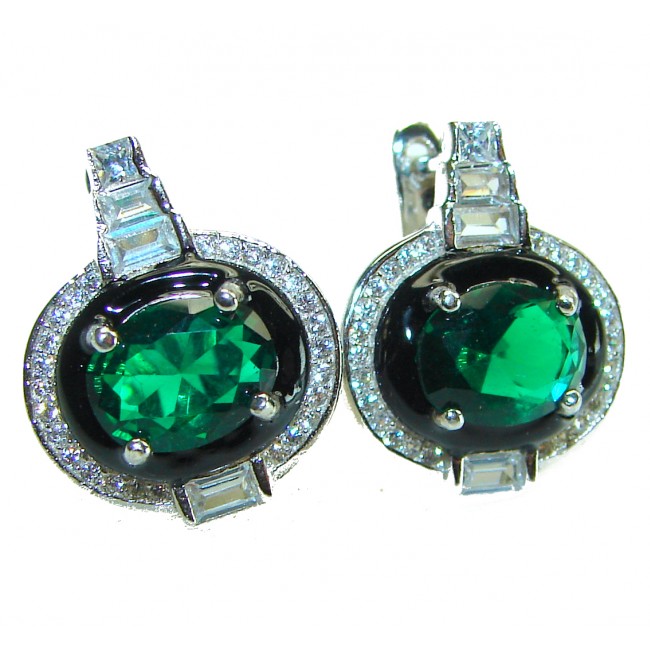 Art Deco 8.5 carat Emerald black enamel .925 Sterling Silver handcrafted earrings