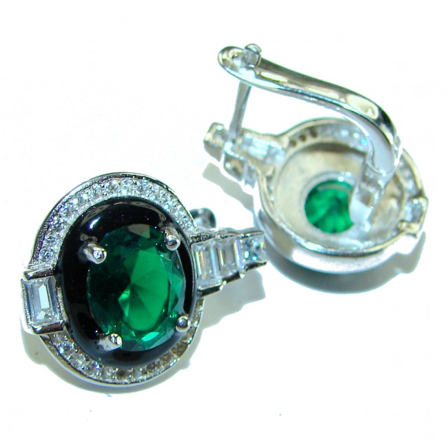 Art Deco 8.5 carat Emerald black enamel .925 Sterling Silver handcrafted earrings