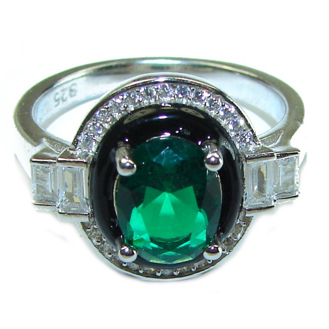 Art Deco 6.8 carat Emerald black enamel .925 Sterling Silver handcrafted Ring size 8