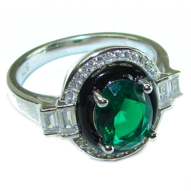 Art Deco 6.8 carat Emerald black enamel .925 Sterling Silver handcrafted Ring size 8