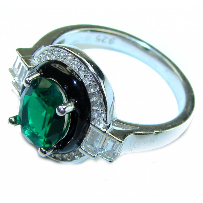 Art Deco 6.8 carat Emerald black enamel .925 Sterling Silver handcrafted Ring size 8