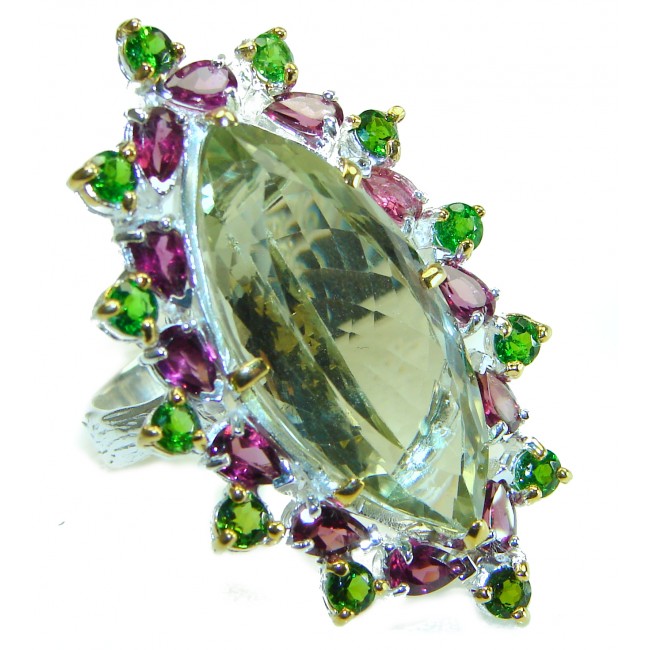 Huge - Bohemian Style- 29.8 carat Genuine Green Amethyst .925 Sterling Silver handcrafted ring size 7 1/4