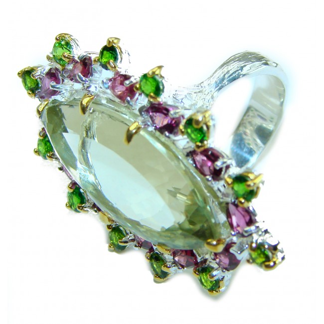 Huge - Bohemian Style- 29.8 carat Genuine Green Amethyst .925 Sterling Silver handcrafted ring size 7 1/4