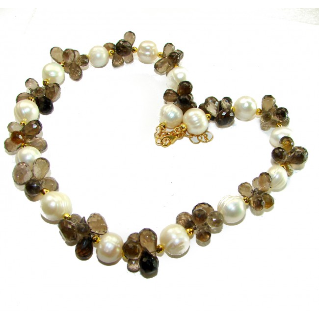 Precious briolette cut genuine Smoky Topaz Mother of Pearl 14K Gold over .925 Sterling Silver handcrafted Necklace