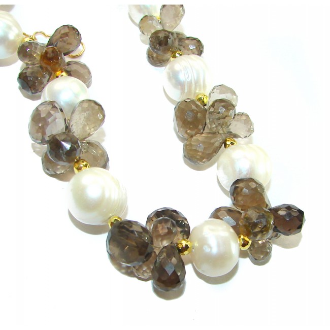 Precious briolette cut genuine Smoky Topaz Mother of Pearl 14K Gold over .925 Sterling Silver handcrafted Necklace