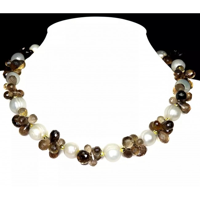 Precious briolette cut genuine Smoky Topaz Mother of Pearl 14K Gold over .925 Sterling Silver handcrafted Necklace