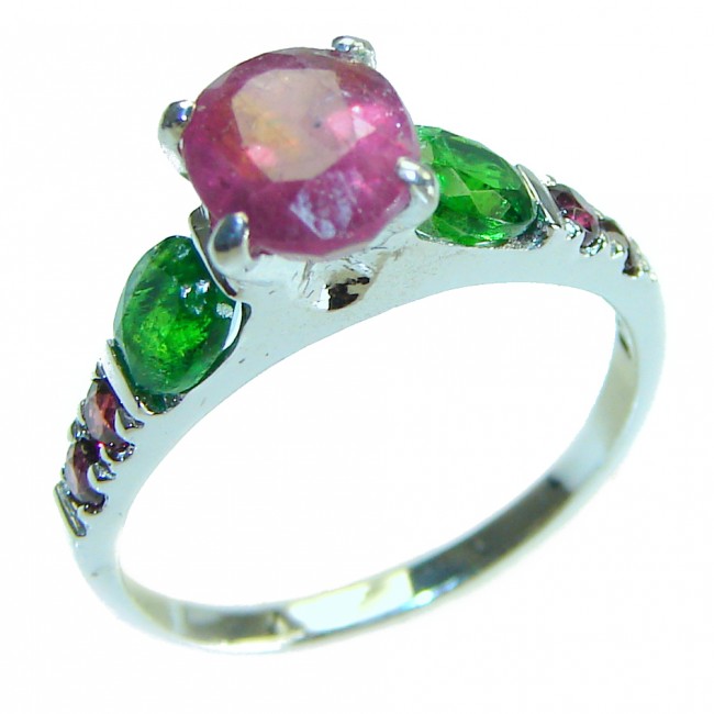 Authentic 2.3 carat Ruby Emerald .925 Sterling Silver handmade Cocktail Ring s. 7 1/2