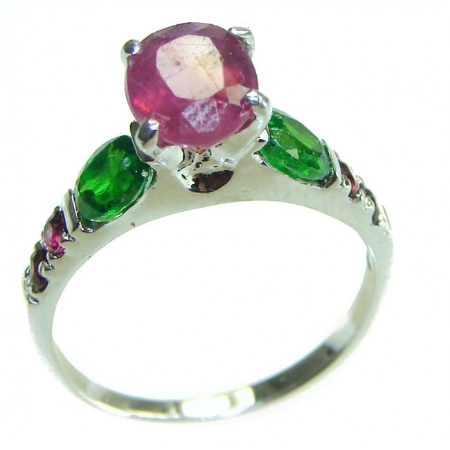 Authentic 2.3 carat Ruby Emerald .925 Sterling Silver handmade Cocktail Ring s. 7 1/2