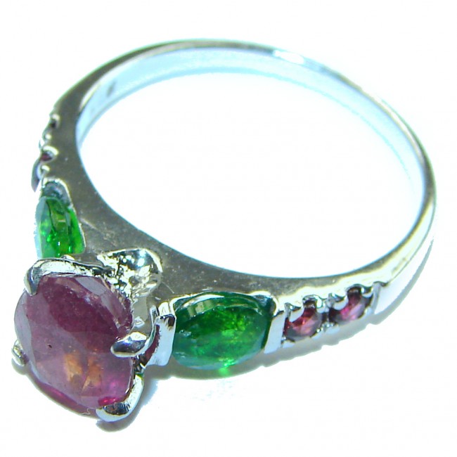 Authentic 2.3 carat Ruby Emerald .925 Sterling Silver handmade Cocktail Ring s. 7 1/2