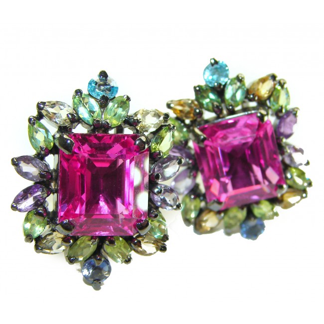 A Spark of Sweetness 28.5 carat Hot Pink Topaz black rhodium over .925 Sterling Silver handcrafted Statement earrings