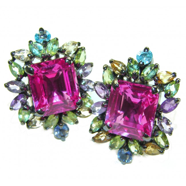 A Spark of Sweetness 28.5 carat Hot Pink Topaz black rhodium over .925 Sterling Silver handcrafted Statement earrings