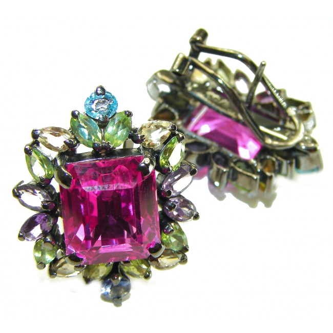 A Spark of Sweetness 28.5 carat Hot Pink Topaz black rhodium over .925 Sterling Silver handcrafted Statement earrings