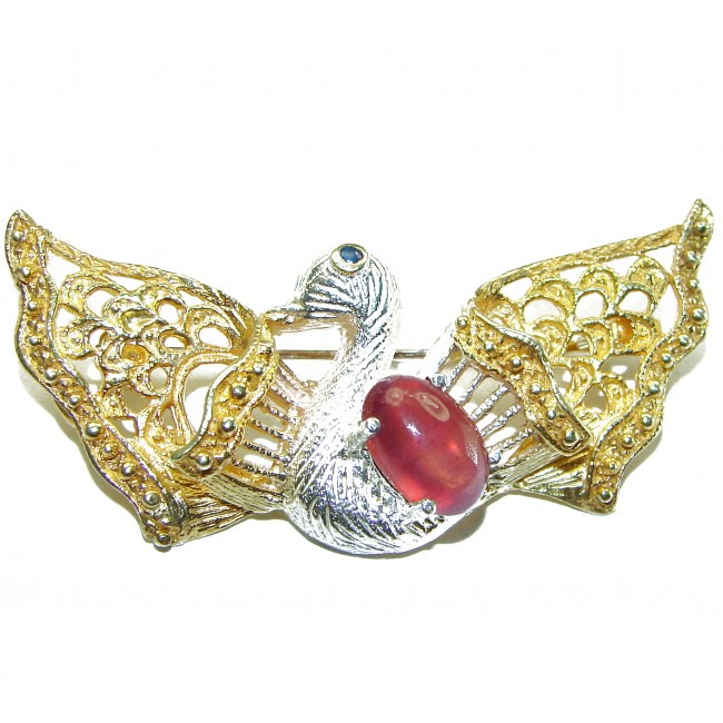 Perfect Swan Ruby 14K Gold over .925 Sterling Silver handmade Pendant Brooch