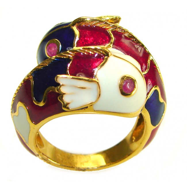 Two Fishes Enamel Ruby 18K Gold over .925 Sterling Silver Huge handcrafted Ring s. 6 3/4