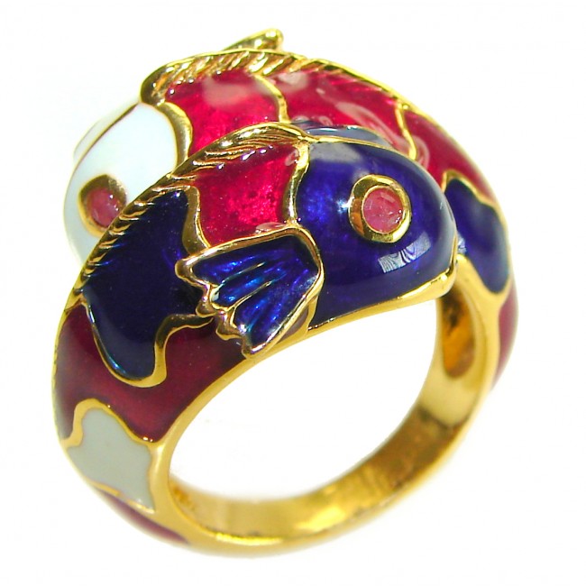 Two Fishes Enamel Ruby 18K Gold over .925 Sterling Silver Huge handcrafted Ring s. 6 3/4