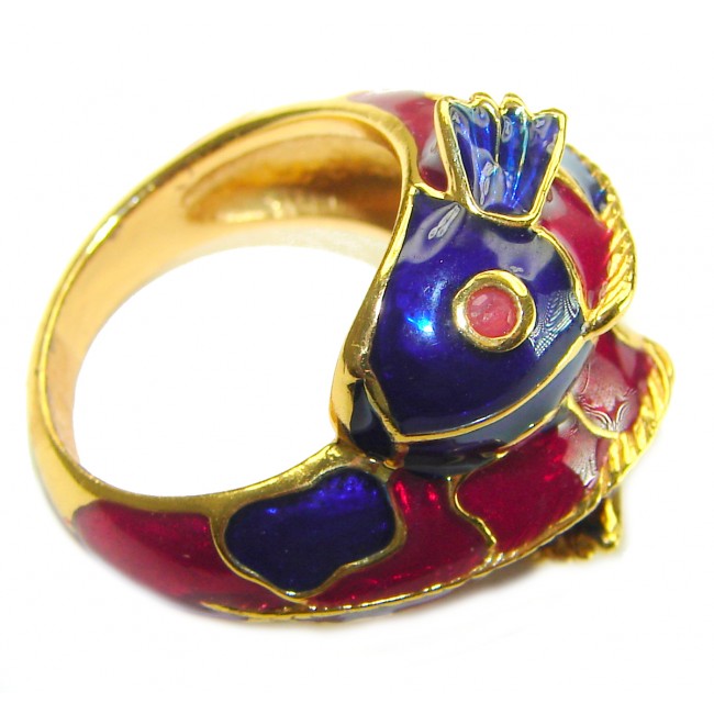 Two Fishes Enamel Ruby 18K Gold over .925 Sterling Silver Huge handcrafted Ring s. 6 3/4