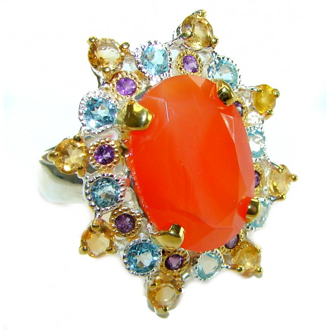 23.5 CARAT Orange Power Carnelian 2 TONES .925 Sterling Silver handmade ring s. 9