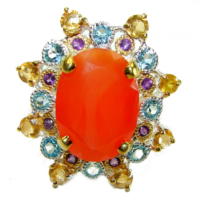 23.5 CARAT Orange Power Carnelian 2 TONES .925 Sterling Silver handmade ring s. 9