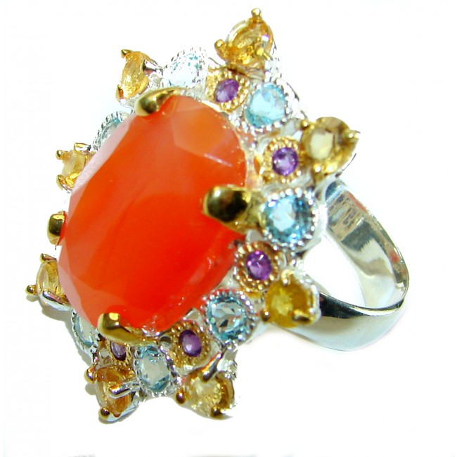 23.5 CARAT Orange Power Carnelian 2 TONES .925 Sterling Silver handmade ring s. 9