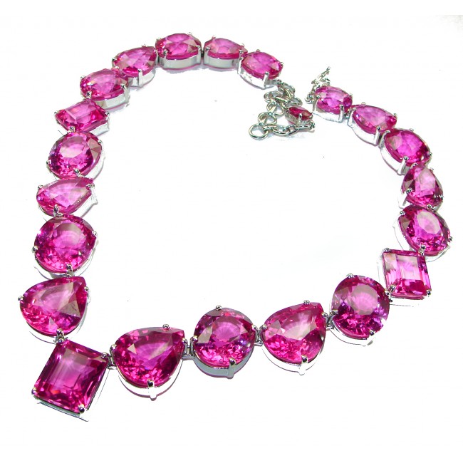 Genevieve Huge Electric Pink Sapphire .925 Sterling Silver handcrafted Statement necklace