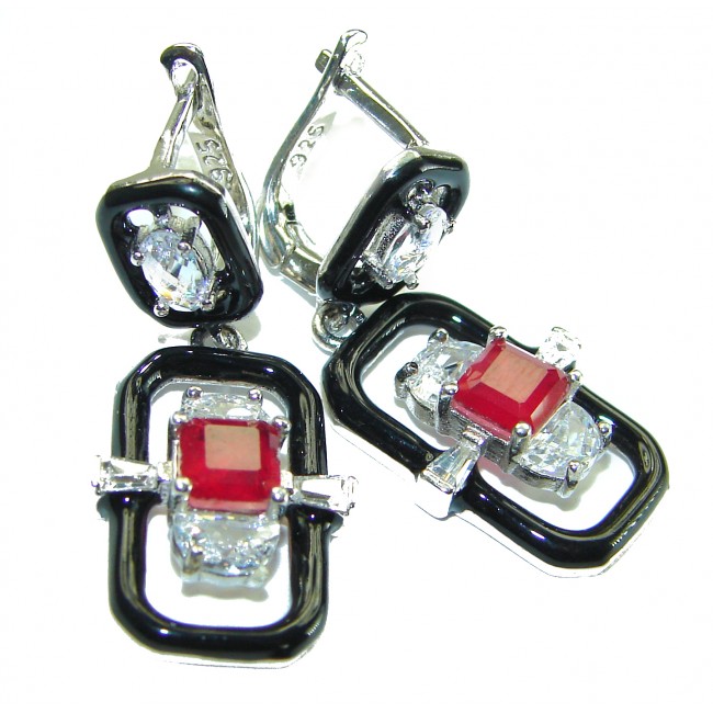 Art Deco Ruby black enamel .925 Sterling Silver handcrafted earrings