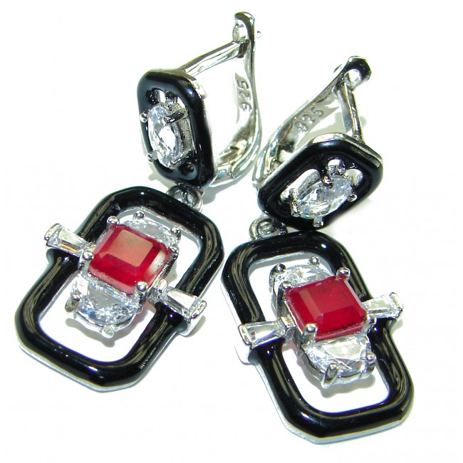 Art Deco Ruby black enamel .925 Sterling Silver handcrafted earrings