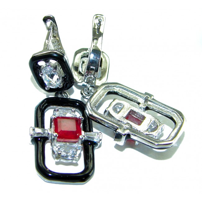 Art Deco Ruby black enamel .925 Sterling Silver handcrafted earrings