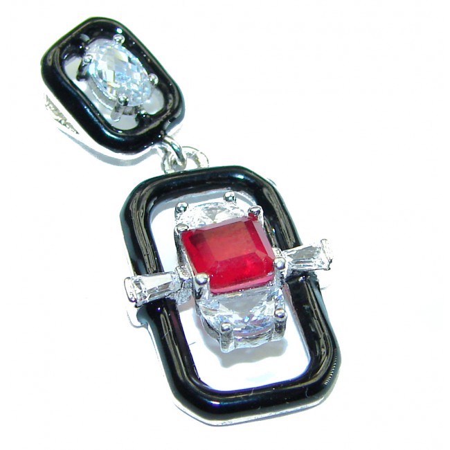 Art Deco Ruby black enamel .925 Sterling Silver handmade Pendant