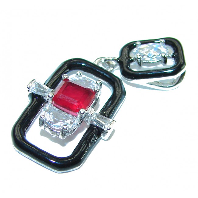 Art Deco Ruby black enamel .925 Sterling Silver handmade Pendant