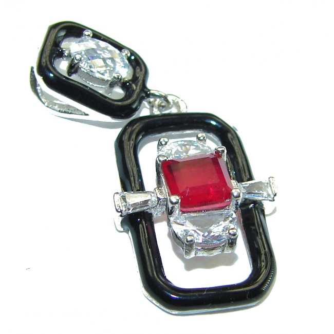 Art Deco Ruby black enamel .925 Sterling Silver handmade Pendant