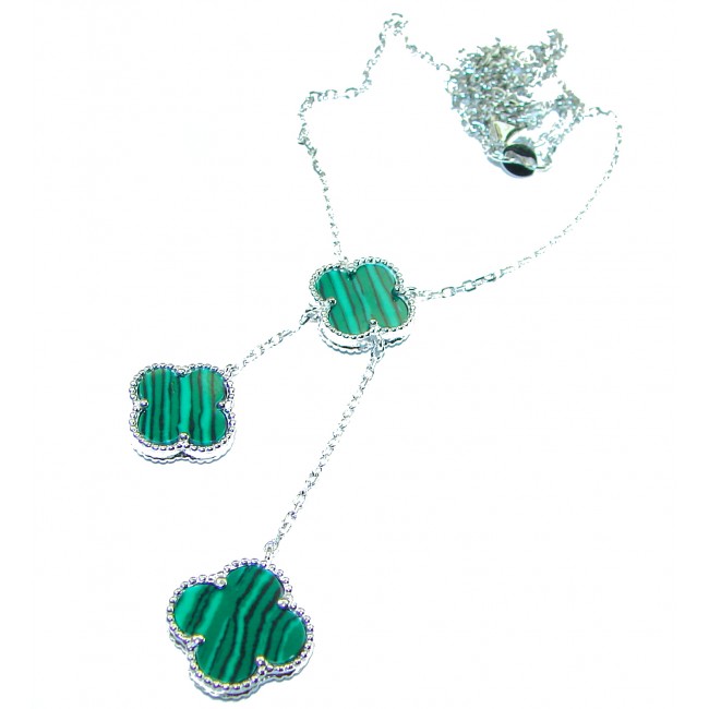 Outstanding Malachite Lucky Four Leaf Clover .925 Sterling Silver necklace