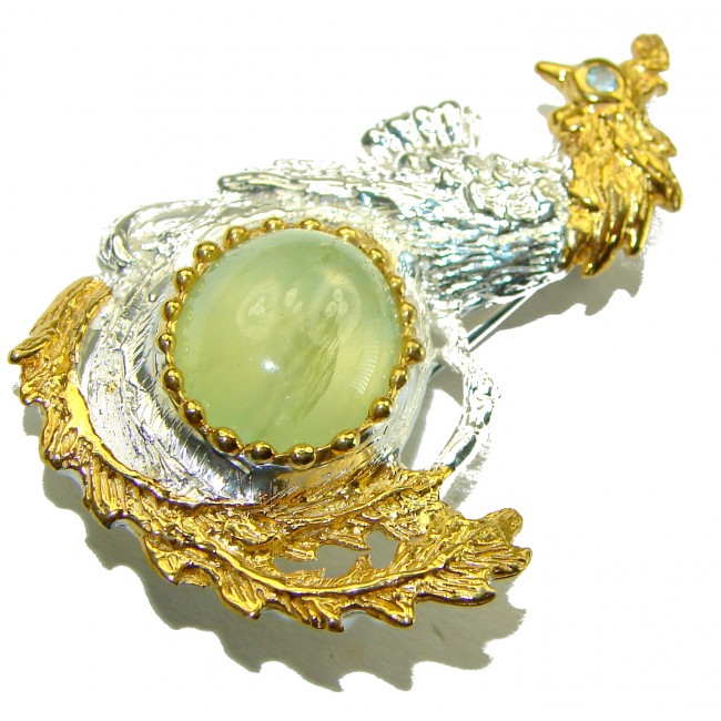 Green Rooster 11.2 carat Prehnite 2 tones .925 Sterling Silver handmade Pendant Brooch