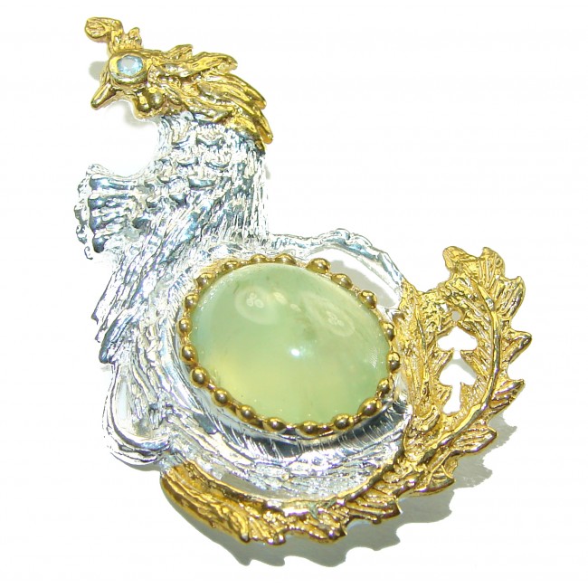 Green Rooster 11.2 carat Prehnite 2 tones .925 Sterling Silver handmade Pendant Brooch