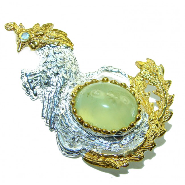 Green Rooster 11.2 carat Prehnite 2 tones .925 Sterling Silver handmade Pendant Brooch