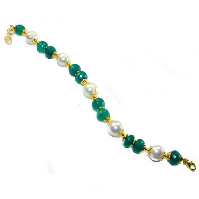 Great Protection Green Jade Pearl 14K Gold over .925 Sterling Silver handcrafted Bracelet