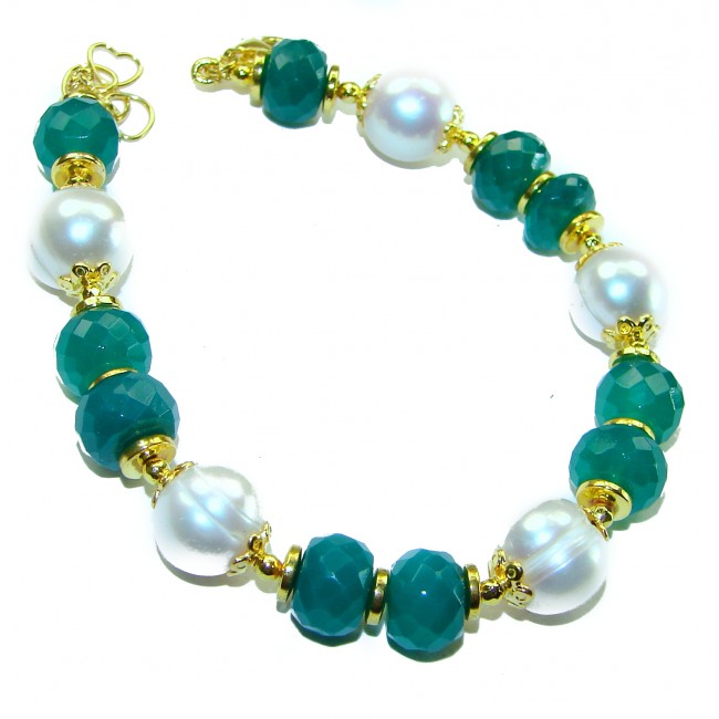 Great Protection Green Jade Pearl 14K Gold over .925 Sterling Silver handcrafted Bracelet